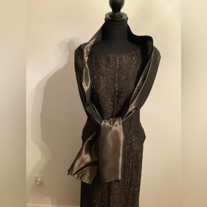 Carmen Marc Valvo collection three-piece evening gown, chocolate brown beaded